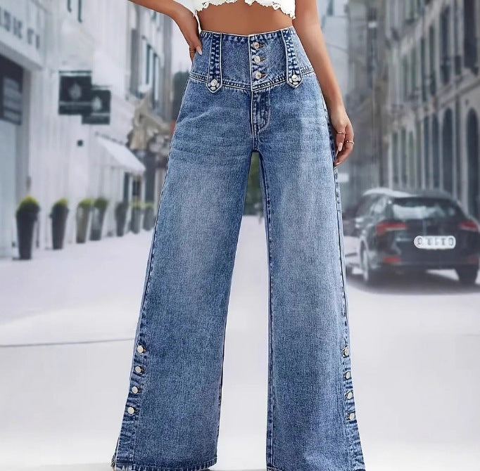 Button Side Wide Leg Jeans