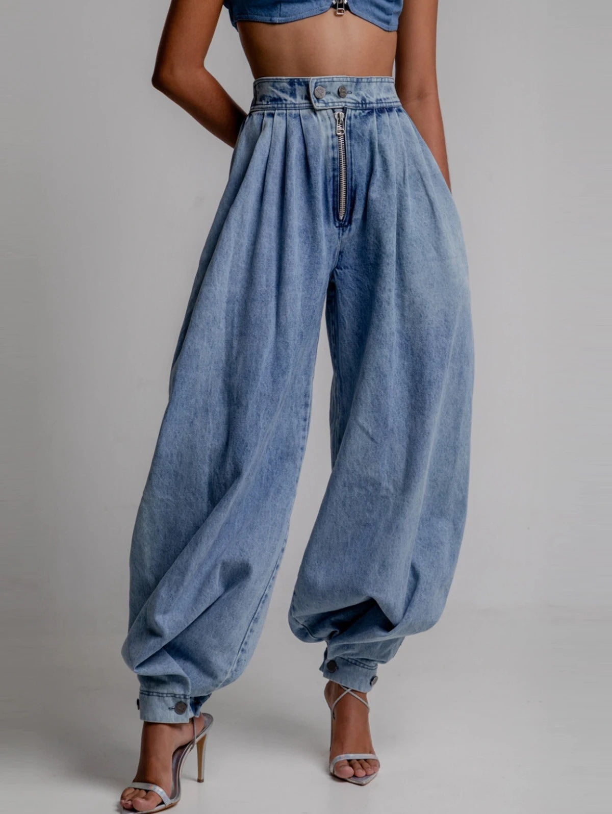 Zip-Front Balloon Denim Pants
