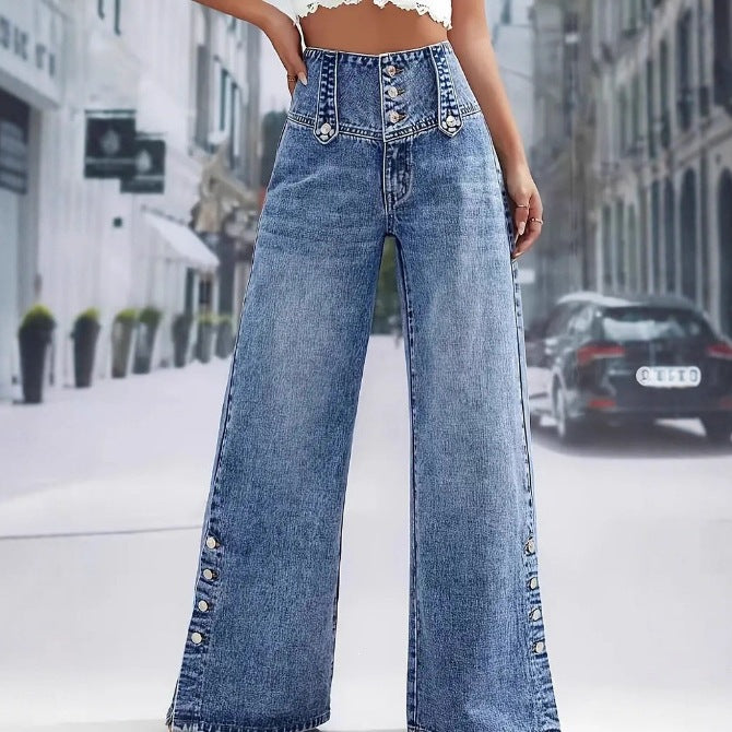 Button Side Wide Leg Jeans