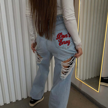 Embroidered Ripped Denim Pants
