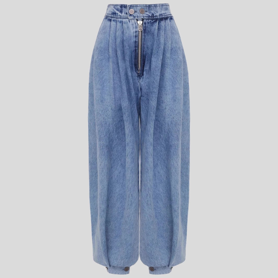 Zip-Front Balloon Denim Pants