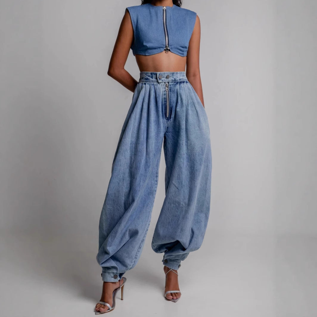 Zip-Front Balloon Denim Pants